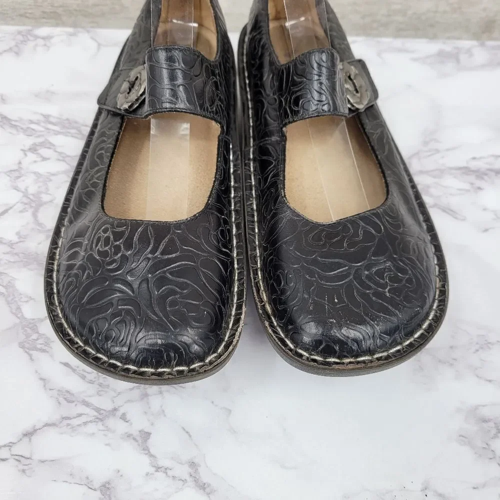 Alegria Paloma Black Rose Embossed Mary Jane Shoes Leather Women's Euro Size 39 - Picture 3 of 12